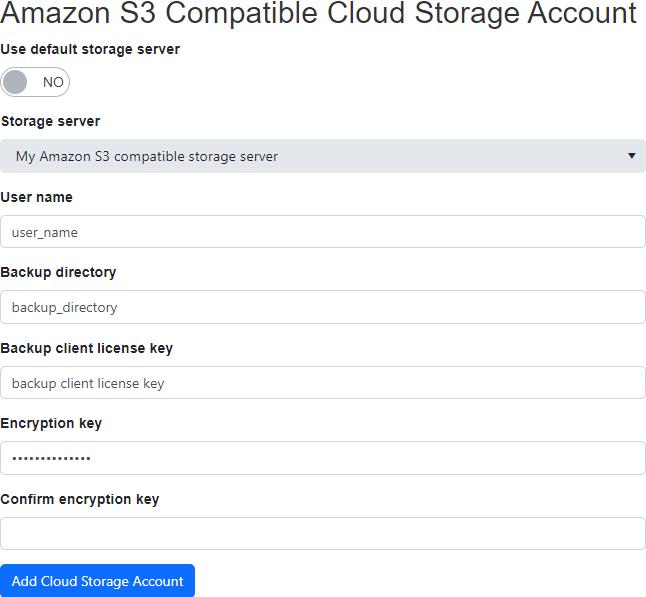 Add Amazon S3 compatible cloud storage account