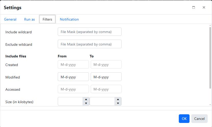 Agent file restore job settings - Filters